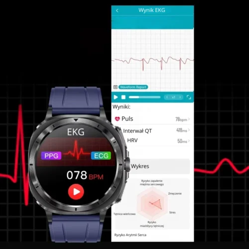 Smartwatch Kardiowatch Zegarek Kardiologiczny z Funkcją Rozmów EKG Saturacja Glukozy Ciśnienia Tlen we krwi Granatowy Pasek