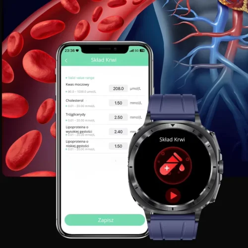 Smartwatch Kardiowatch Zegarek Kardiologiczny z Funkcją Rozmów EKG Saturacja Glukozy Ciśnienia Tlen we krwi Granatowy