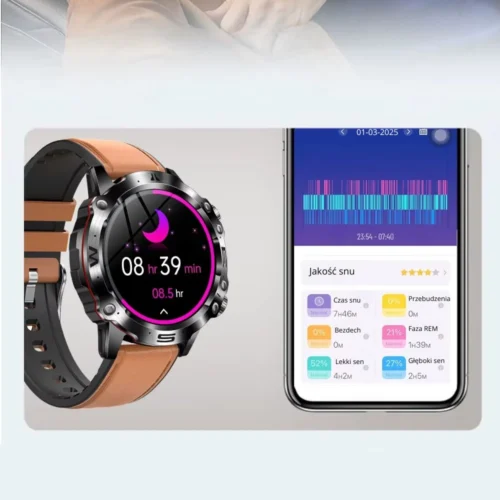 Smartwatch z akcelerometrem i monitorem tętna śledzi wzorce snu, rozróżniając fazy lekkiego, głębokiego i REM, co pozwala na dokładną ocenę jakości snu.