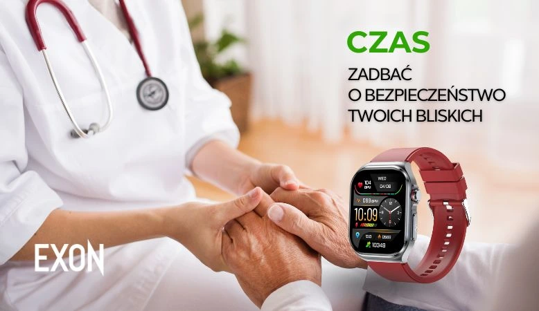 Opieka medyczna i bezpieczeństwo – lekarz i senior z zegarkiem EXON na ręce.