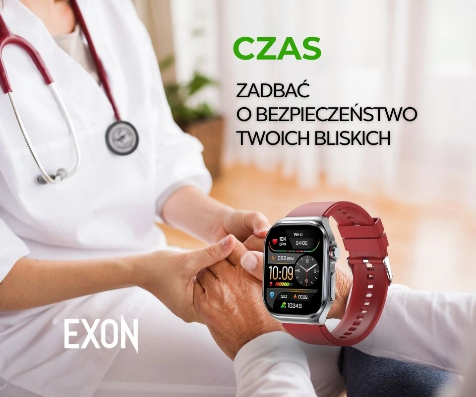 Zegarek EXON dla seniora w czerwonym pasku – kontrola zdrowia na ekranie.