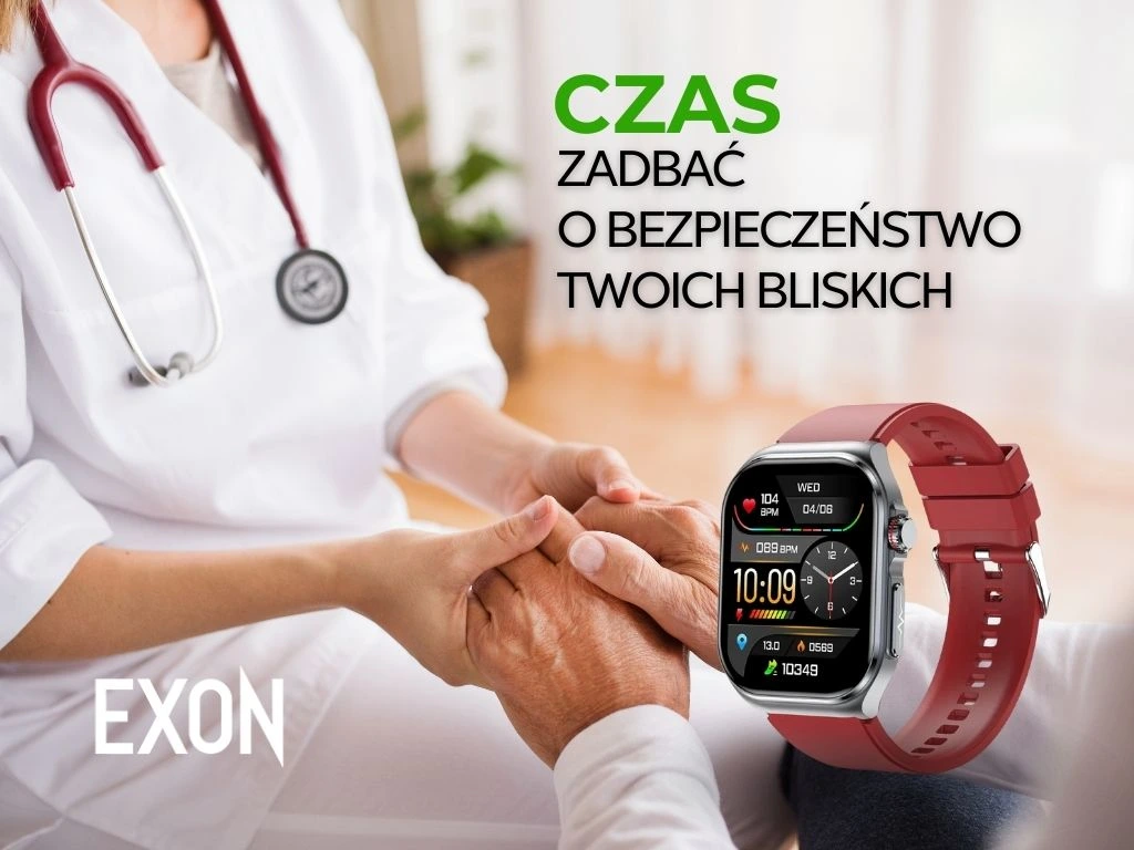 Opieka zdrowotna i nowoczesna technologia – EXON smartwatch z funkcją pomiaru tętna.