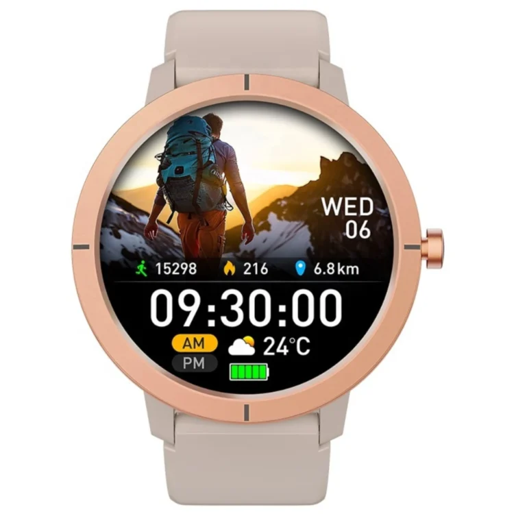 Smartwatch-Do-Biegania-Dla-Kobiet-Mierzacy-Kroki-Dystans-Kalorie-Wytrzymala-Koperta-Exon-Atria Zbliżenie na kobiecy smartwatch Exon Atria w kolorze różowego złota