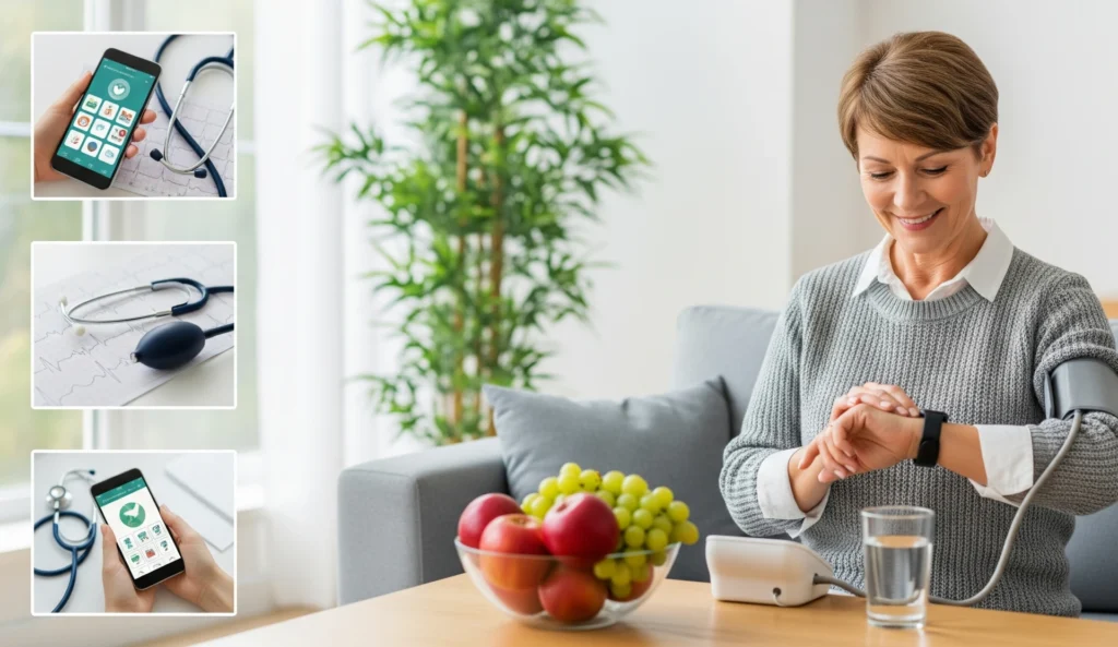 Osoba kalibrująca smartwatch ciśnieniomierz z użyciem tradycyjnego ciśnieniomierza, z aplikacją na smartfonie w tle
