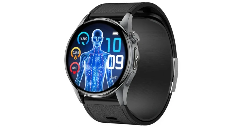 Smartwatch Kardiowatch Exon Alvio czarny – tarcza medyczna z sylwetką człowieka