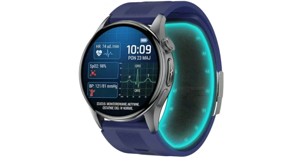 Kardiowatch EKG Exon Alvio w granatowym pasku z ekranem sportowym
