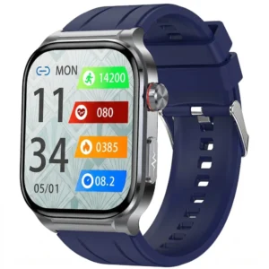 Smartwatch z granatowym silikonowym paskiem i dużym ekranem AMOLED.