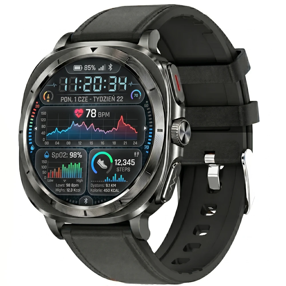 Kardiowatch Zegarek Kardiologiczny z Funkcją Rozmów EKG Pasek Skorzano Silikonowy Czarny