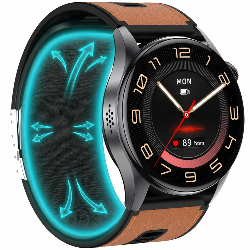 Brązowy Exon Alvio – elegancki smartwatch z analogowa tarcza