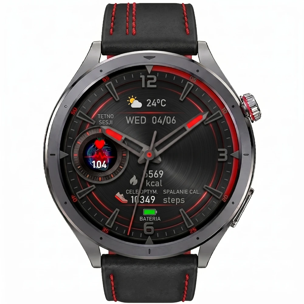 Kardiowatch z EKG EXON Vigil – czarna skóra czerwona nić - obrazek 2
