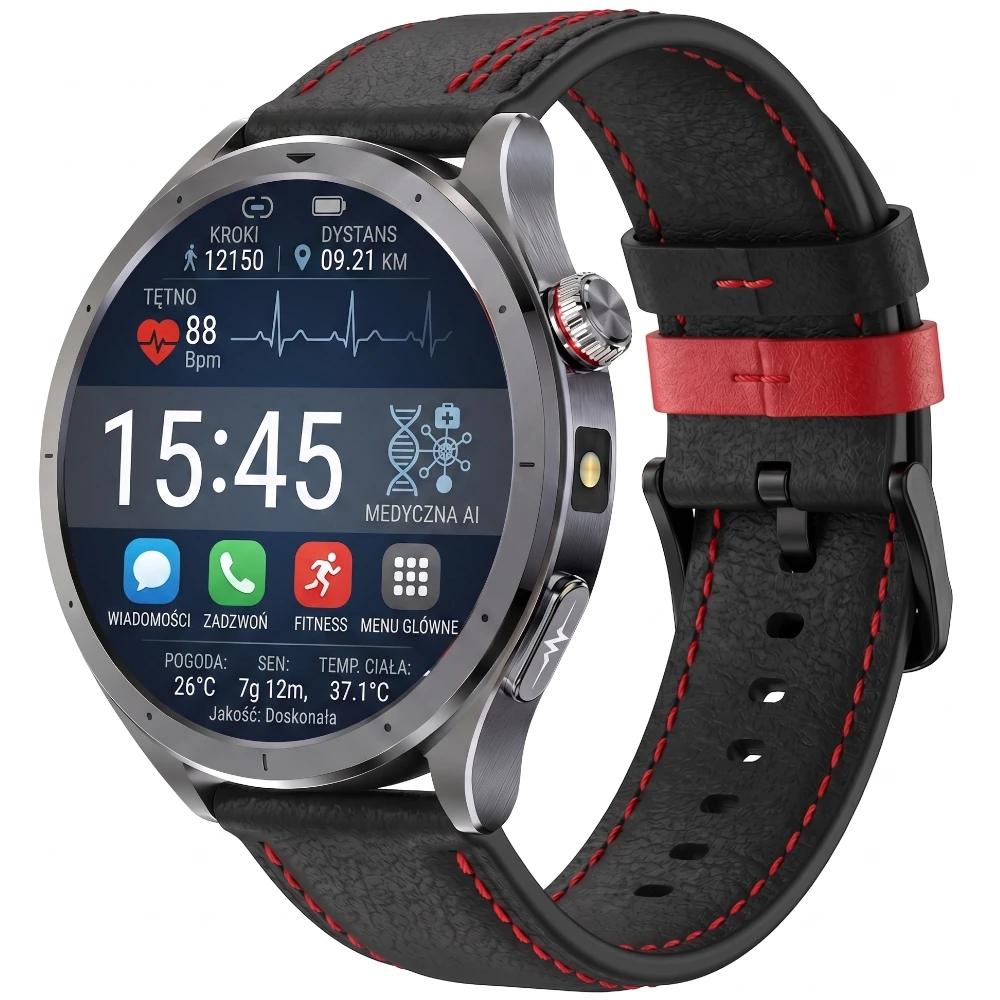 Kardiowatch z EKG EXON Vigil – czarna skóra czerwona nić