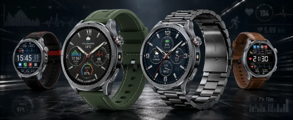 Smartwatch EXON Vigil w kilku wersjach paska na ciemnym tle z motywami monitorowania zdrowia i aktywności