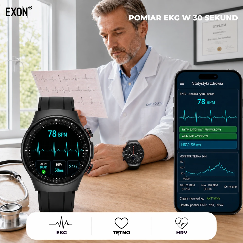 Bezpieczny pomiar EKG na zegarku EKG Exon Corinex