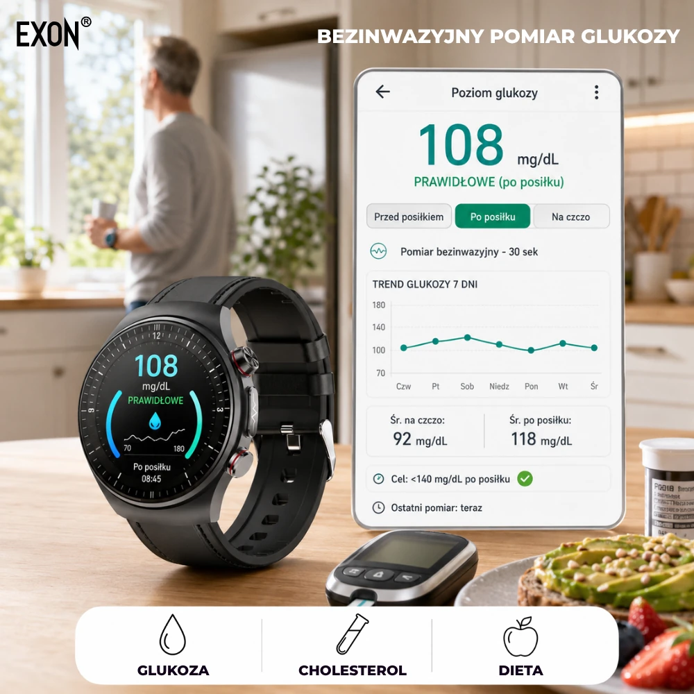 Pomiar glukozy bezinwazyjny na kardiowatchu Exon Corinex