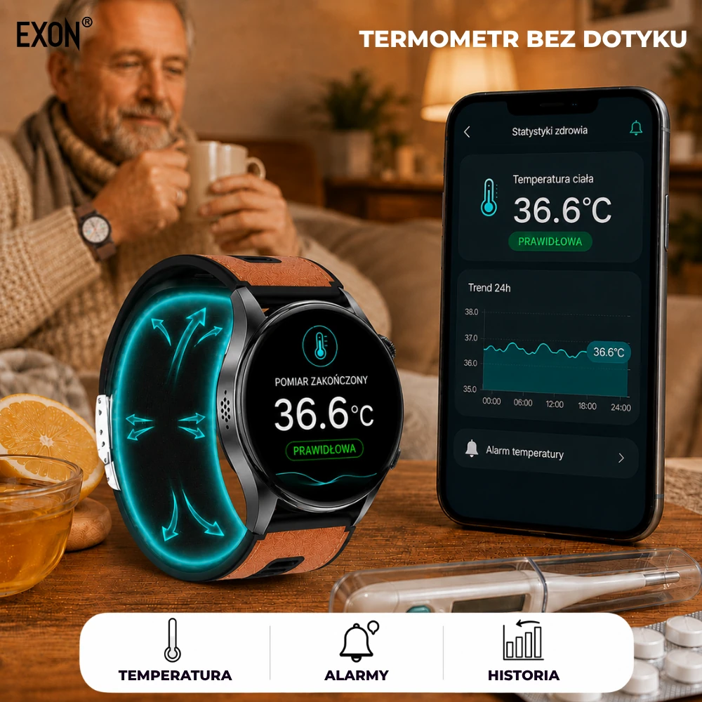 Pomiar temperatury ciała z kardiowatchem marki Exon