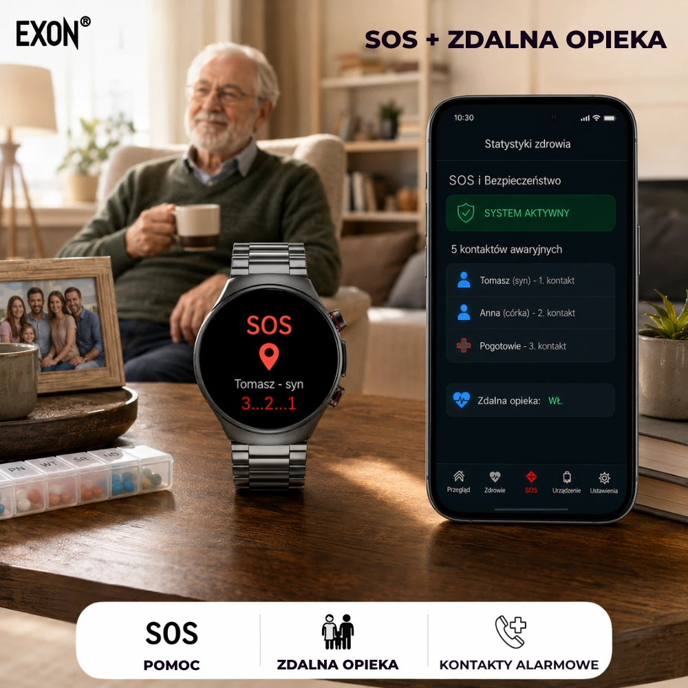 Zdalna opieka oraz funkcja SOS na kardiowatchu Exon Corinex