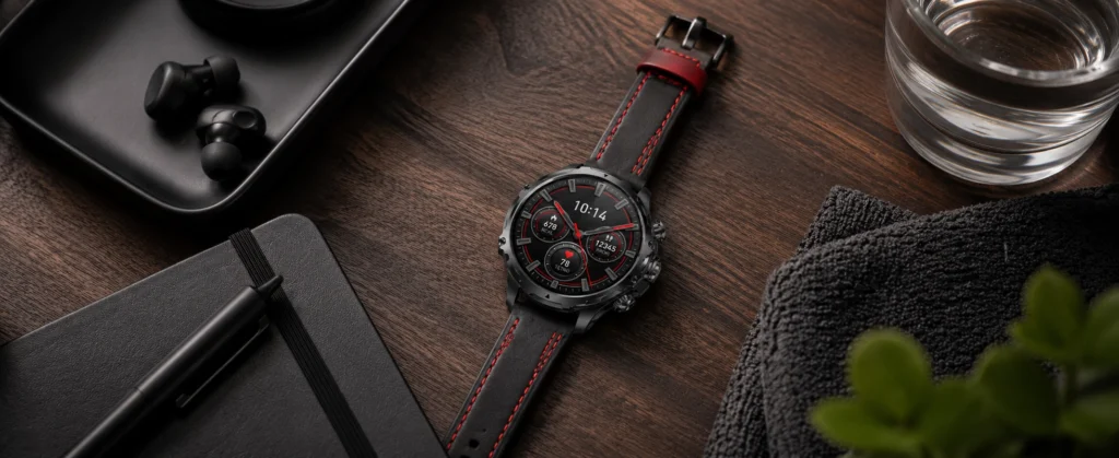exon orbit active smartwatch z czarnym skórzanym paskiem