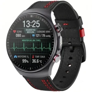 Kardiowatch Ekg Exon Corinex na skórzanym pasku z czerwonym przeszyciem