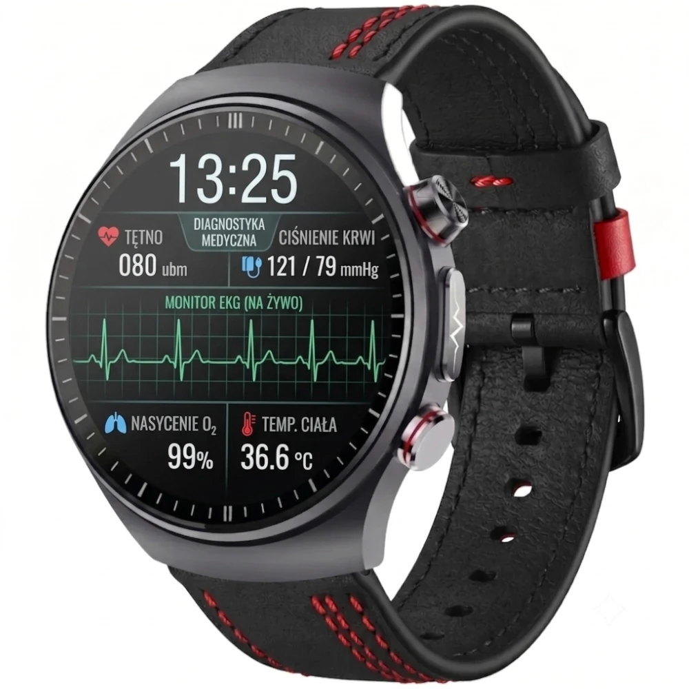 Kardiowatch Ekg Exon Corinex na skórzanym pasku z czerwonym przeszyciem