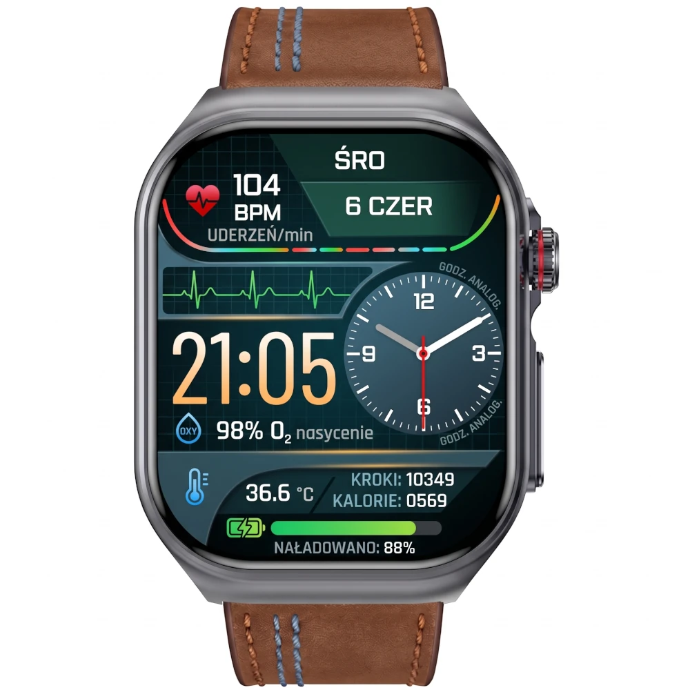 Kardiowatch EKG Exon Pulse Max na brązowym pasku skórzanym