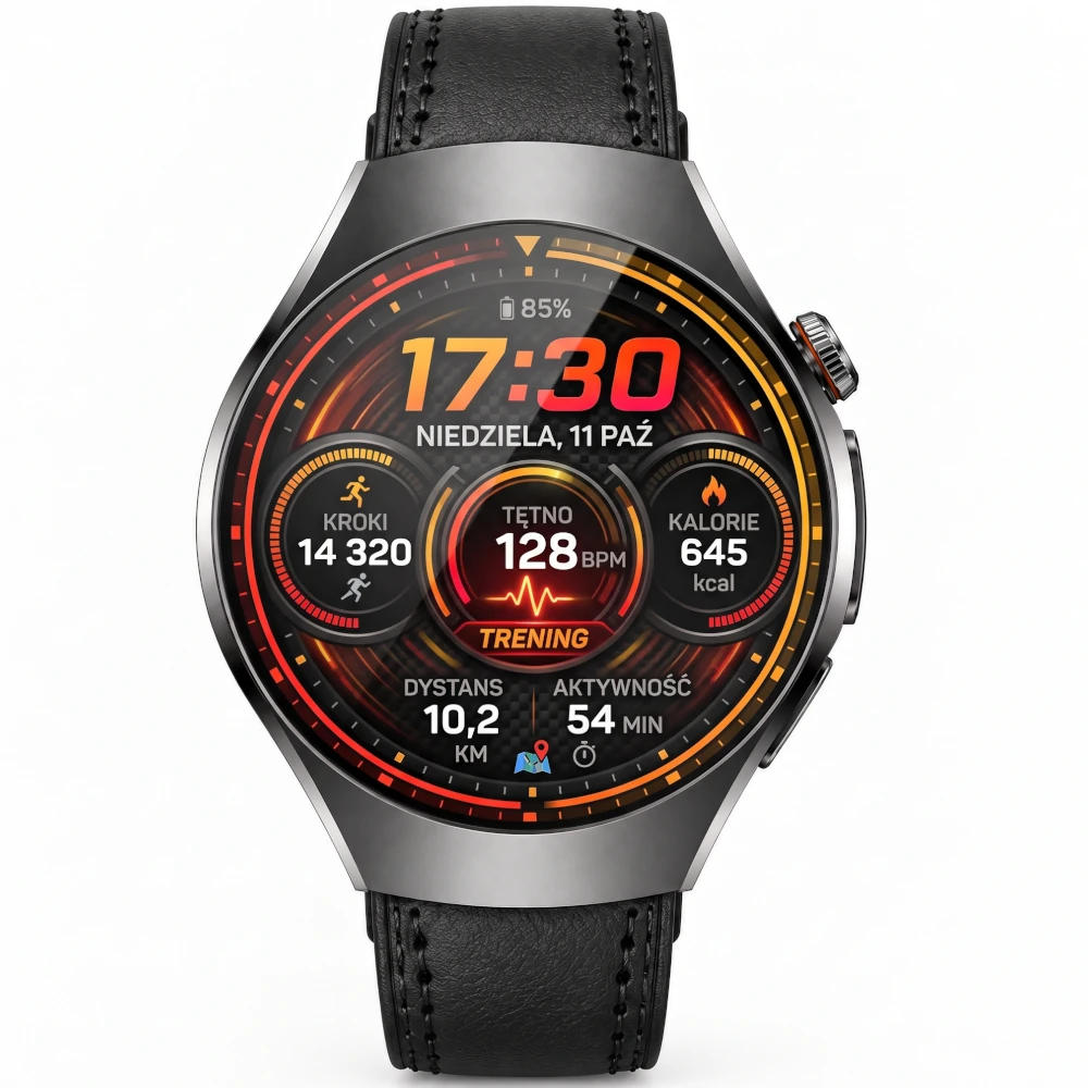 Kardiowatch EKG EXON Vireo z grafitową kopertą i czarnym paskiem skórzanym oraz elegancką tarczą AMOLED.
