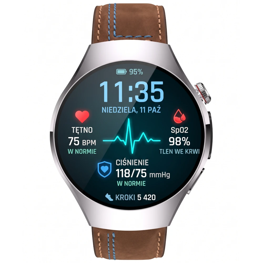 Kardiowatch EKG EXON Vireo ze srebrną kopertą i brązowym paskiem skórzanym z ozdobnym niebieskim przeszyciem.