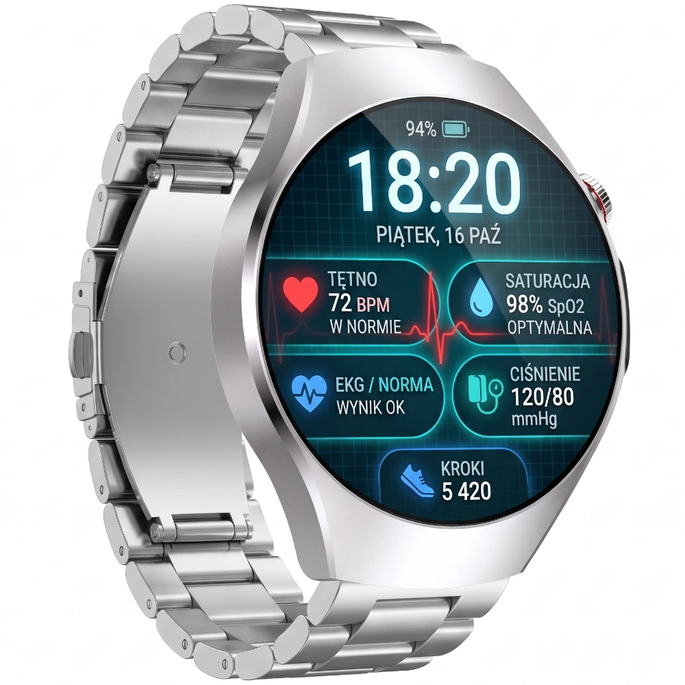 Kardiowatch EKG EXON Vireo ze srebrną kopertą i stalową bransoletą oraz ekranem prezentującym parametry zdrowotne.