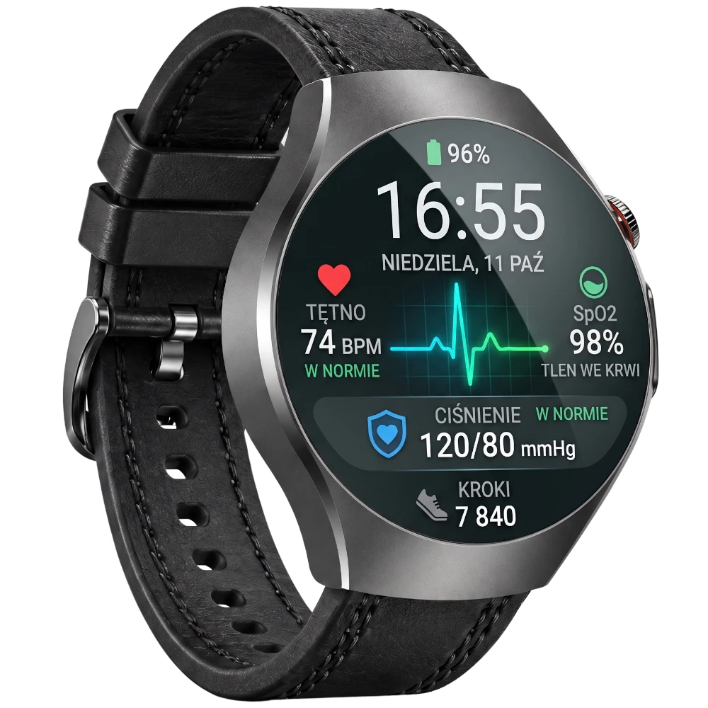 Elegancki kardiowatch EKG EXON Vireo z czarnym skórzanym paskiem i czytelnymi wskaźnikami aktywności.