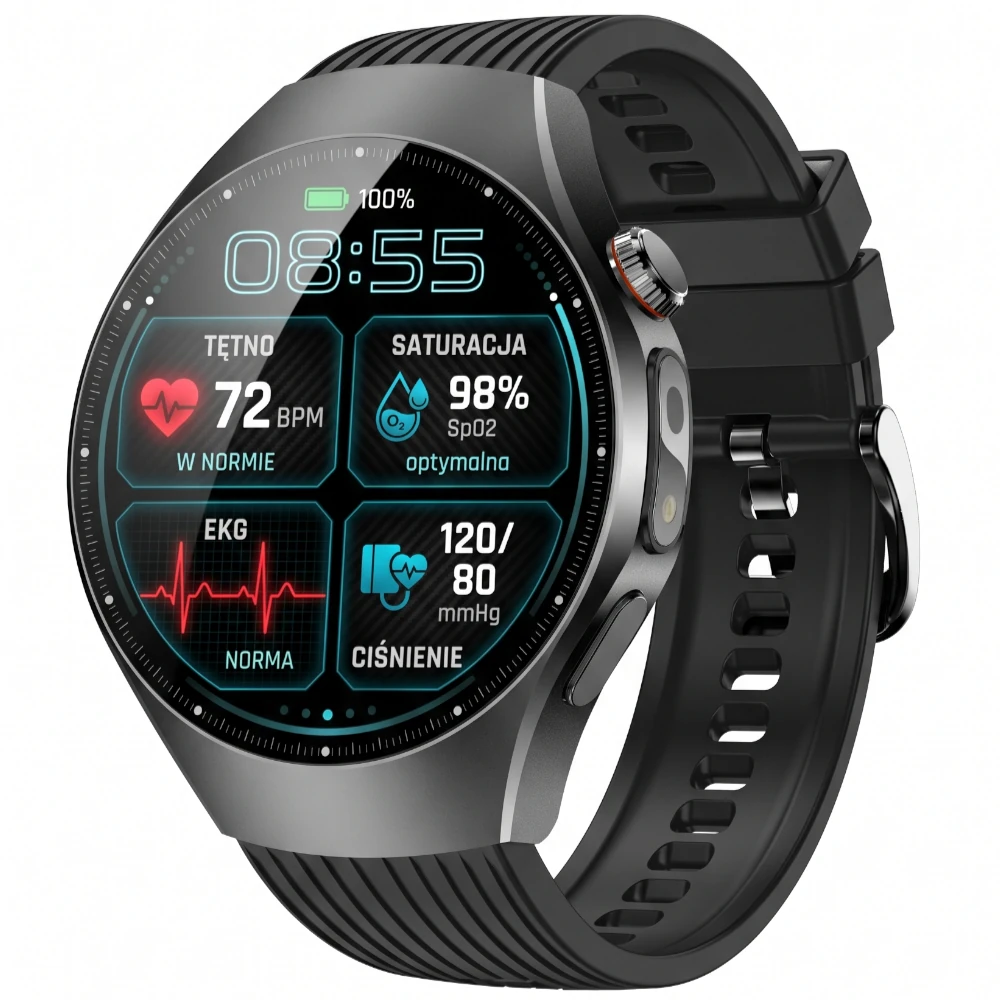 Kardiowatch EKG EXON Vireo z ekranem prezentującym pomiar tętna, saturacji SpO2, EKG oraz ciśnienia krwi.
