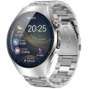 Srebrny smartwatch EXON Vireo z metalową bransoletą i wyświetlaczem pokazującym wykres pracy serca EKG.