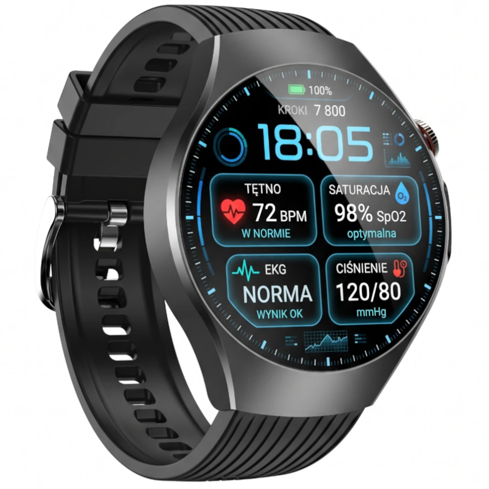 Kardiowatch EXON Vireo z czarnym sportowym paskiem i okrągłym wyświetlaczem z funkcjami zdrowotnymi.