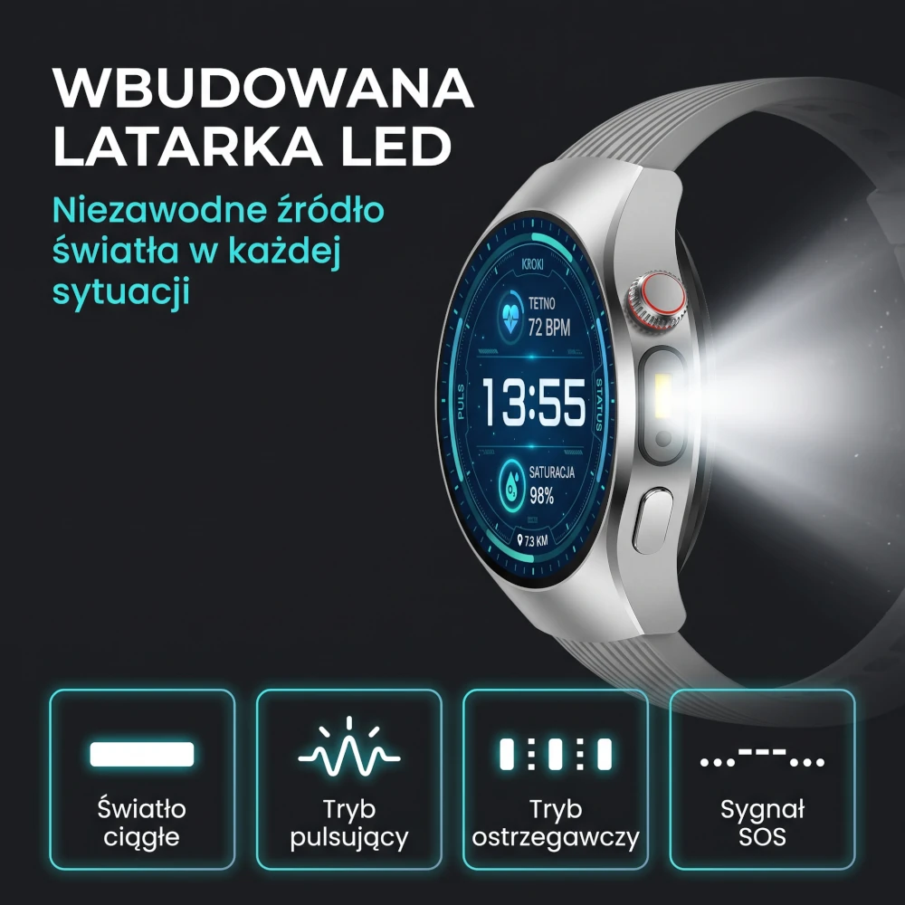 Kardiowatch Ekg Exon Vireo zegarek wyposażony w boczną latarkę led